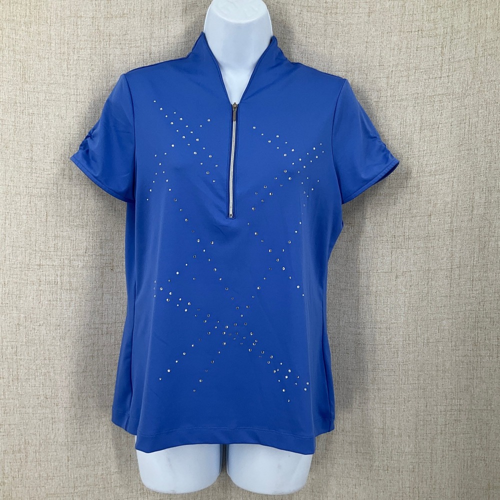 Chicos Zenergy Golf Top Women S Blue Rhinestone Quarter Zip Short Sleeve
